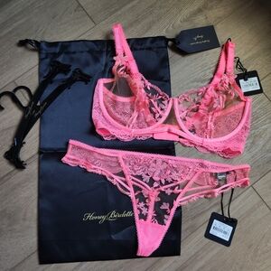Honey Birdette SET Sabrina pink 36H Bra XL thong Panty NWT